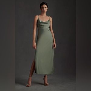 BHLDN Cali Satin Cowl Neck Dress in Moss